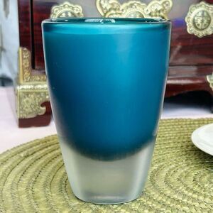 Mid Century Modern Frosted Teal Blue Glass Frosted Juniper Hand Poured Soy Candl